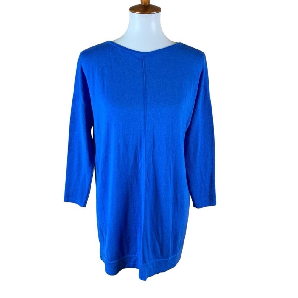 J Jill Blue Merino Wool Sweater Dress Medium Tall Cozy Warm Knit Minimal